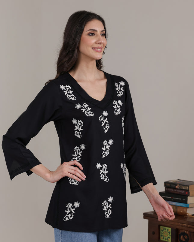 Qazmi Women Kashmiri Aari Embroidered Viscose Rayon Flared Sleeves Short Kurti