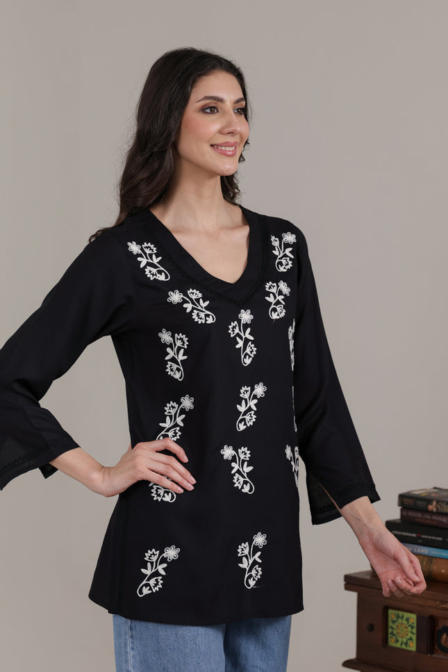 Qazmi Women Kashmiri Aari Embroidered Viscose Rayon Flared Sleeves Short Kurti