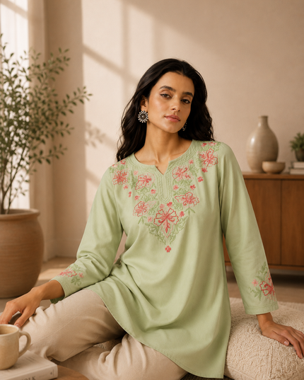 Qazmi Women's Kashmiri A-Line Light Pink Kurti