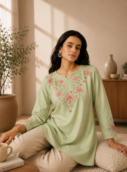 Qazmi Women's Kashmiri A-Line Light Pink Kurti