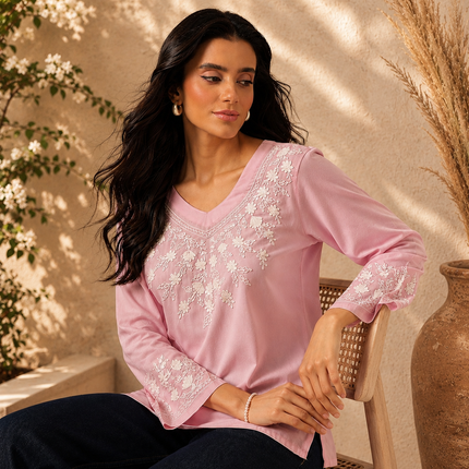 Qazmi Women's Sarah V-Neck Kashmiri Aari Work Full Sleeves Kurti