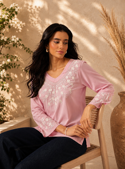 Qazmi Women's Sarah V-Neck Kashmiri Aari Work Full Sleeves Kurti