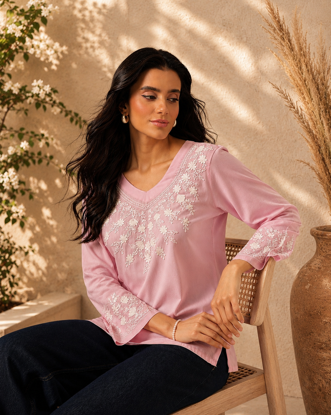 Qazmi Women's Sarah V-Neck Kashmiri Aari Work Full Sleeves Kurti