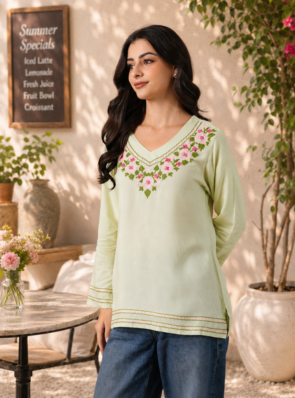 Qazmi Women's Ariana Kashmiri Embroidered V-Neck Short Kurti