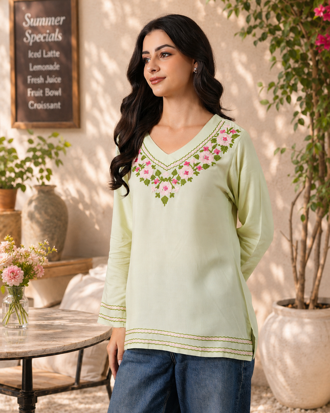 Qazmi Women's Ariana Kashmiri Embroidered V-Neck Short Kurti