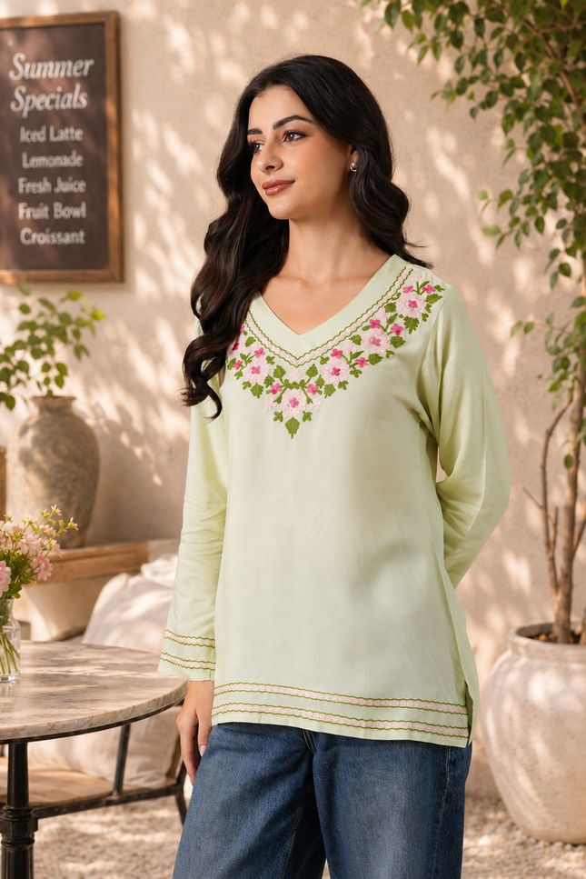 Qazmi Women's Ariana Kashmiri Embroidered V-Neck Short Kurti