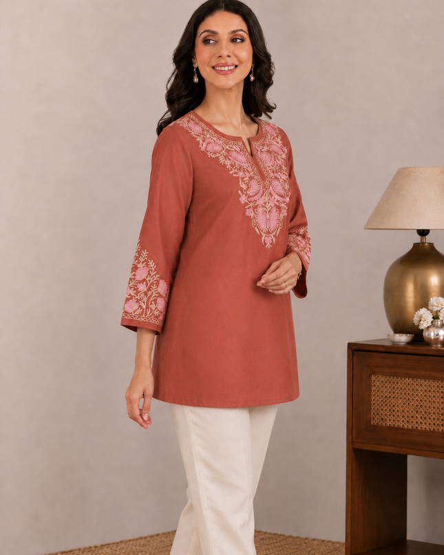 Qazmi Women Aari Embroidered Viscose Rayon A-Line Short Kurti with Full Sleeves