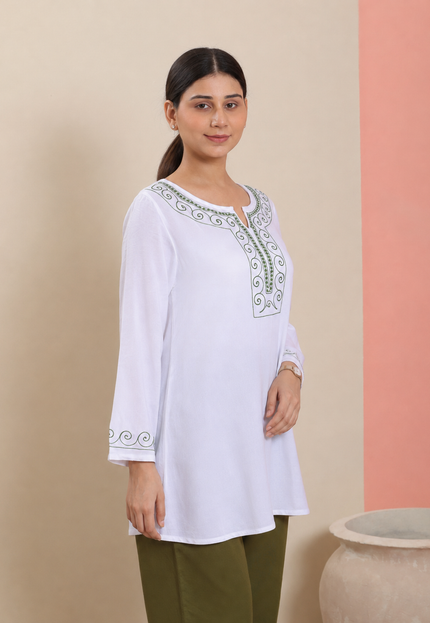 Qazmi Women Aari Embroidered Viscose Rayon A-Line Short Kurti with Full Sleeves