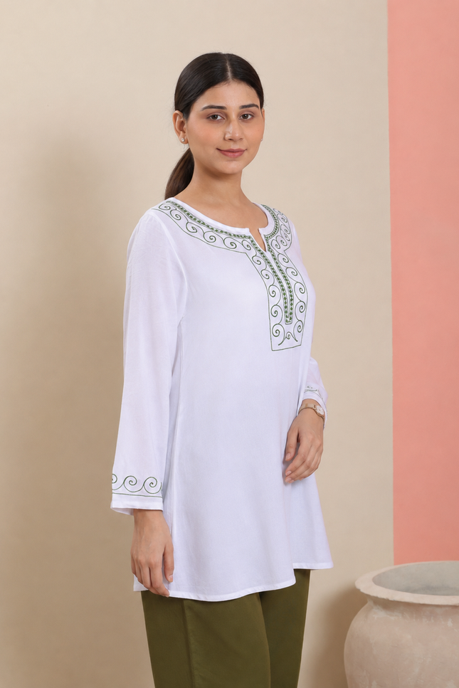 Qazmi Women Aari Embroidered Viscose Rayon A-Line Short Kurti with Full Sleeves