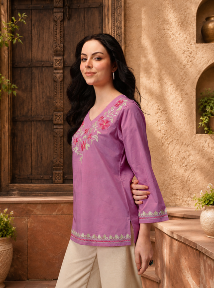 Qazmi Women's Nafisa Kashmiri Aari Work V-Neck Blue Kurti