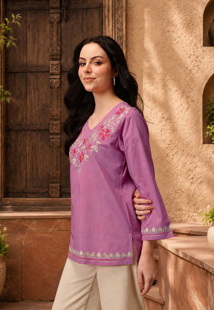 Qazmi Women's Nafisa Kashmiri Aari Work V-Neck Blue Kurti