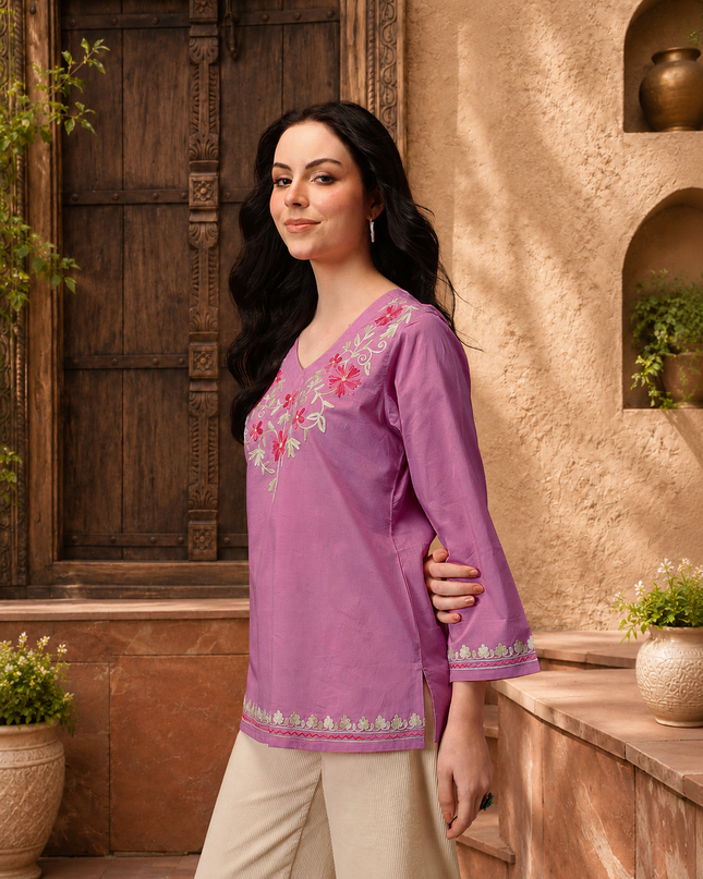 Qazmi Women's Nafisa Kashmiri Aari Work V-Neck Blue Kurti