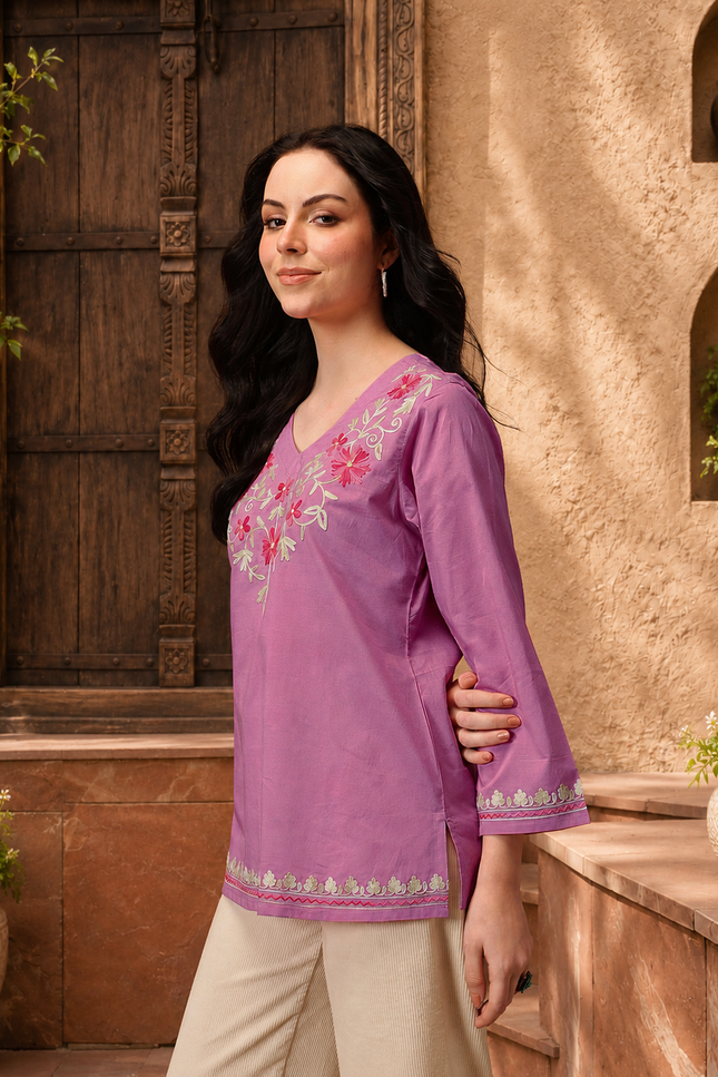 Qazmi Women's Nafisa Kashmiri Aari Work V-Neck Blue Kurti
