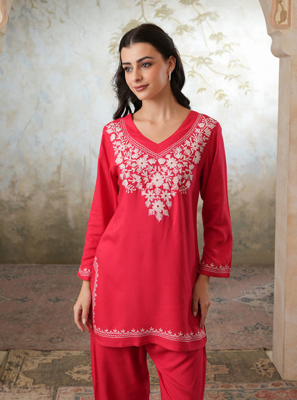Qazmi Women's Kashmiri Aari Work Red CoOrd Set