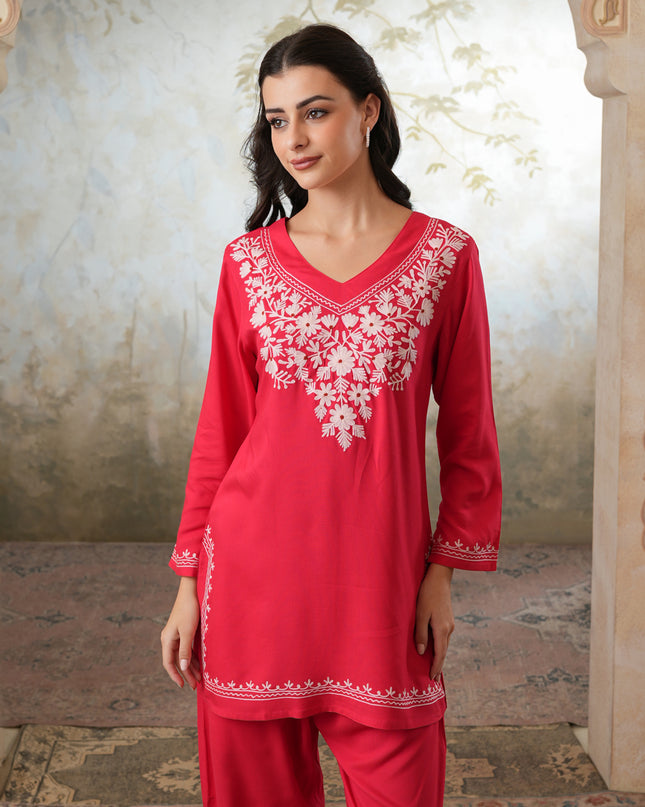 Qazmi Women's Kashmiri Aari Work Red CoOrd Set