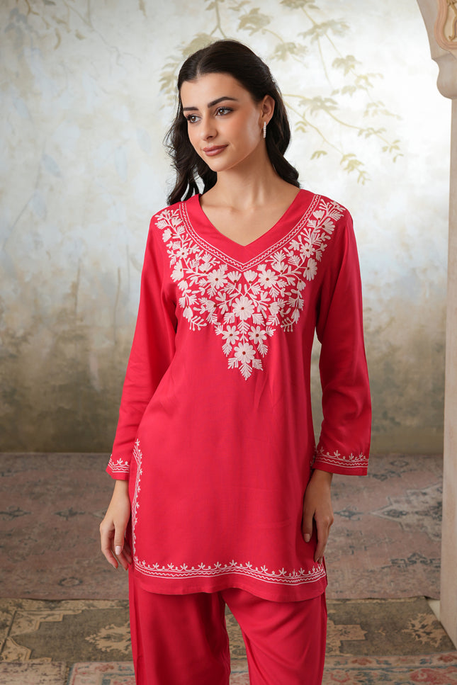 Qazmi Women's Kashmiri Aari Work Red CoOrd Set