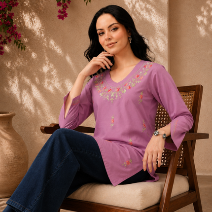 Qazmi Women's Raisa Kashmiri Aari Work V-Neck White Kurti