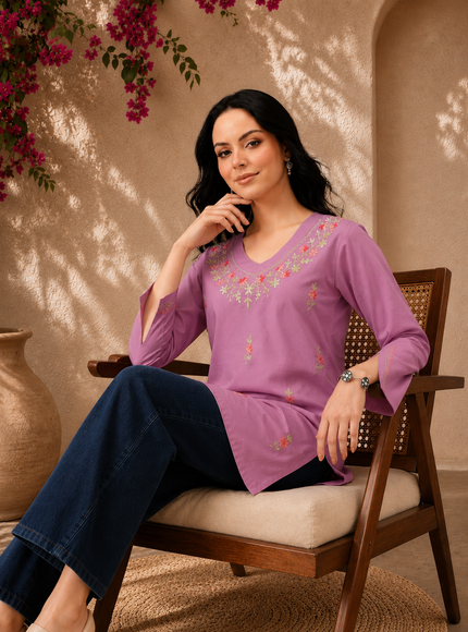 Qazmi Women's Raisa Kashmiri Aari Work V-Neck White Kurti