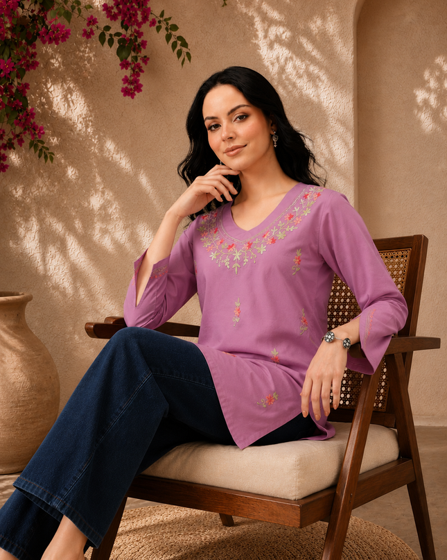 Qazmi Women's Raisa Kashmiri Aari Work V-Neck White Kurti