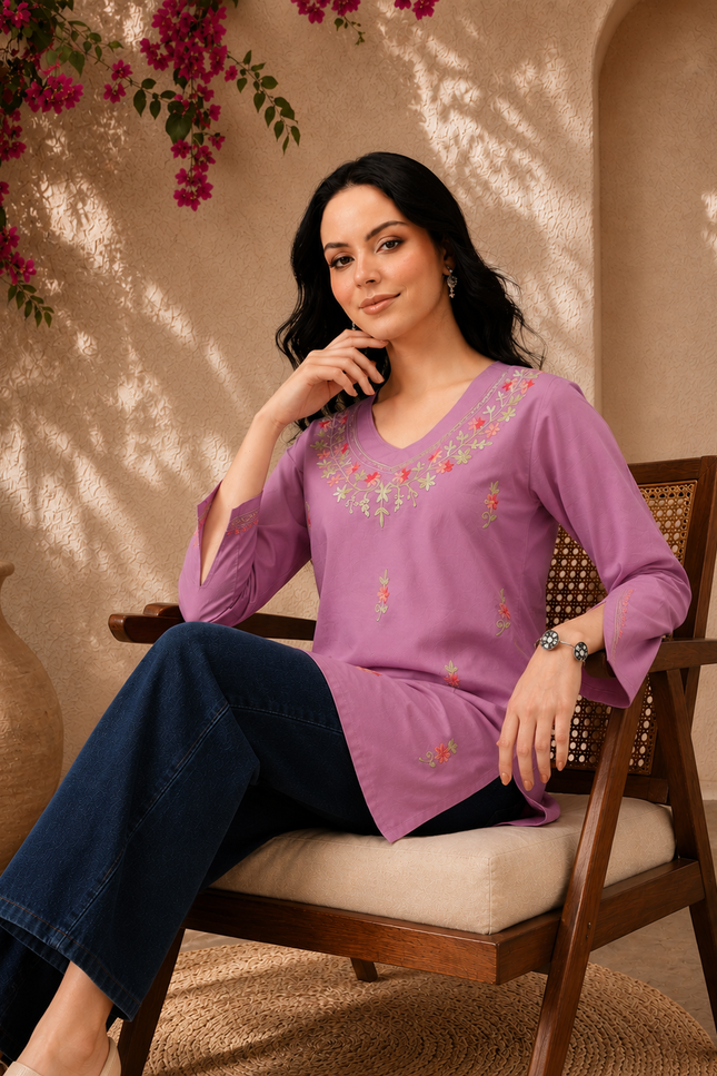 Qazmi Women's Raisa Kashmiri Aari Work V-Neck White Kurti