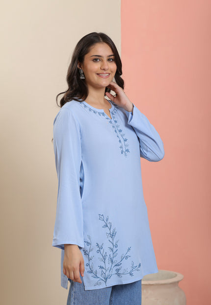 Qazmi Women's Aari Embroidered Pure Cotton Short Kurta