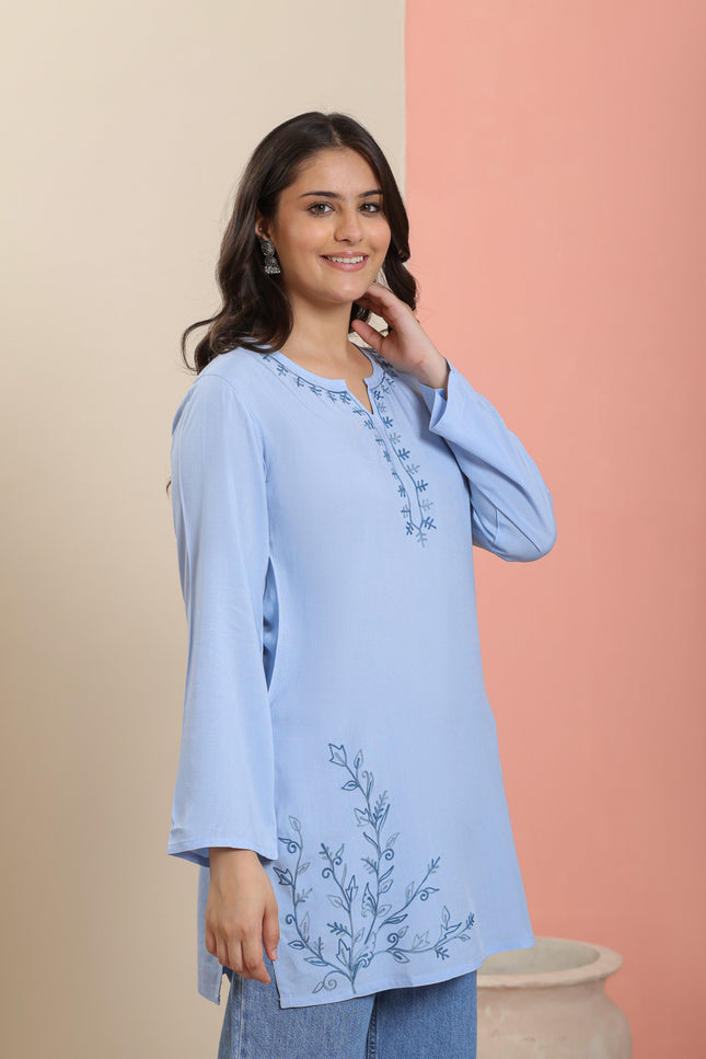 Qazmi Women's Aari Embroidered Pure Cotton Short Kurta