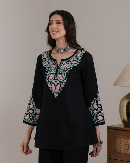 Qazmi Women Aari Embroidered Viscose Rayon A-Line Short Kurti with Full Sleeves
