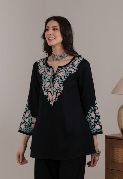 Qazmi Women Aari Embroidered Viscose Rayon A-Line Short Kurti with Full Sleeves