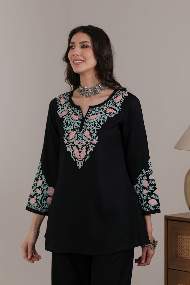 Qazmi Women Aari Embroidered Viscose Rayon A-Line Short Kurti with Full Sleeves