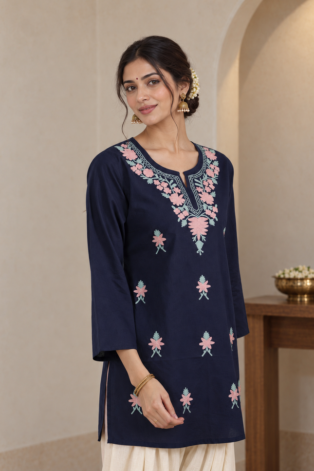 Qazmi Women's Aari Embroidered Pure Cotton Short Kurta