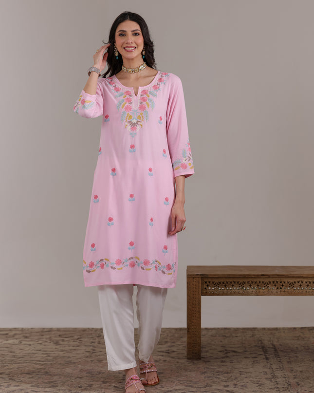 Qazmi Women Aari Embroidered Viscose Rayon Straight Kurta