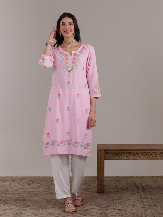 Qazmi Women Aari Embroidered Viscose Rayon Straight Kurta