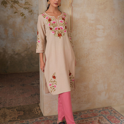 Qazmi Women's Zaynab Kashmiri Aari Work Cotton Linen Olive Green Kurta