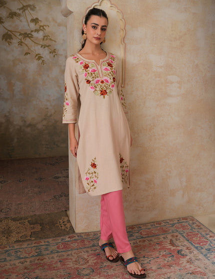 Qazmi Women's Zaynab Kashmiri Aari Work Cotton Linen Olive Green Kurta
