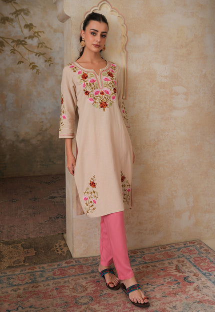 Qazmi Women's Zaynab Kashmiri Aari Work Cotton Linen Olive Green Kurta