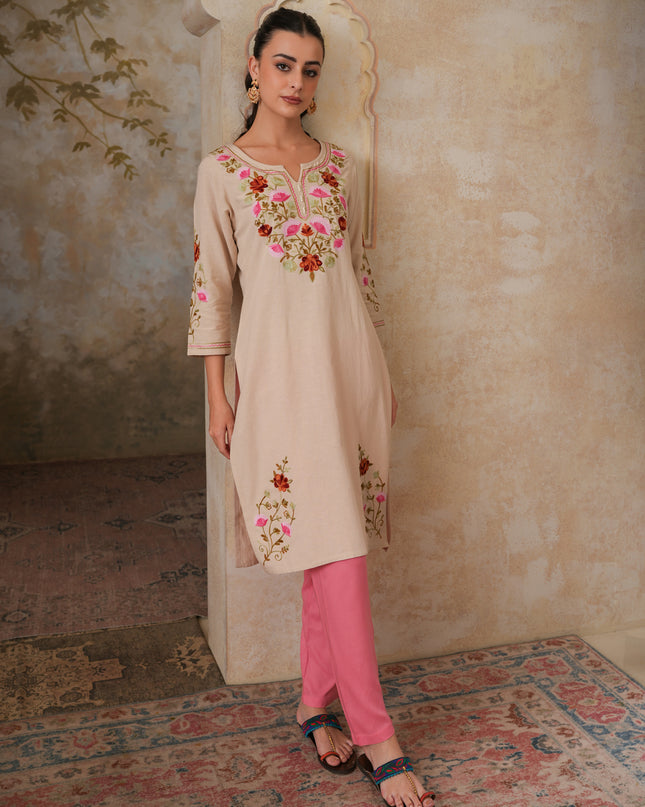 Qazmi Women's Zaynab Kashmiri Aari Work Cotton Linen Olive Green Kurta