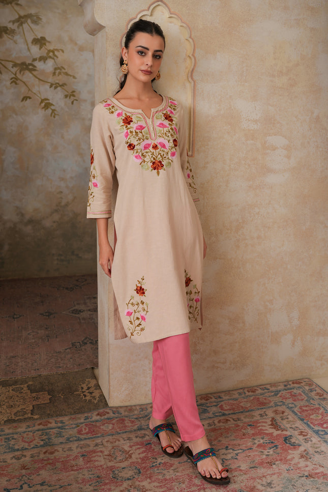 Qazmi Women's Zaynab Kashmiri Aari Work Cotton Linen Olive Green Kurta