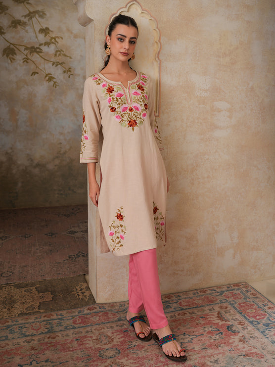 Qazmi Women's Zaynab Kashmiri Aari Work Cotton Linen Olive Green Kurta