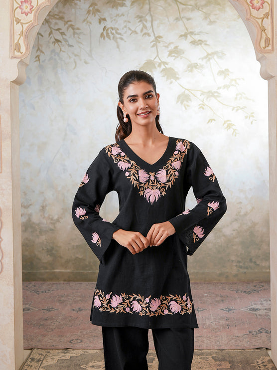 Qazmi Women's Kashmiri Chinarkari Work Olive Green CoOrd Set