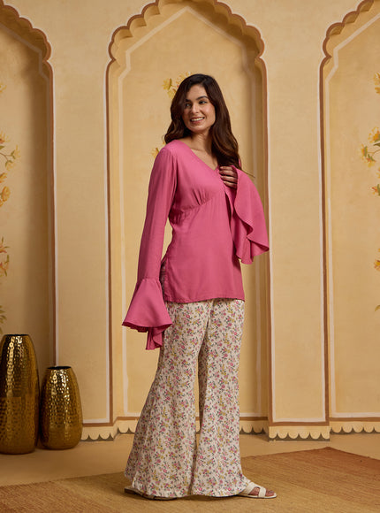 Qazmi Women Pink V-Neck Bell Sleeves Kurti & Striped Trousers Y2K Set 2