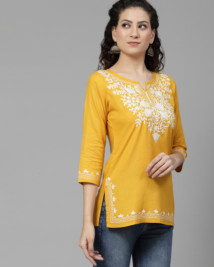 Musturd White Aari Short Kurti For Women