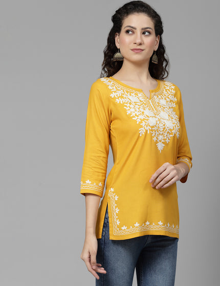 Musturd White Aari Short Kurti For Women