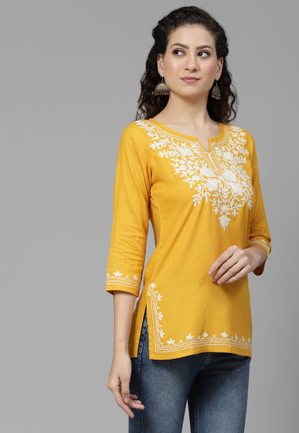 Musturd White Aari Short Kurti For Women