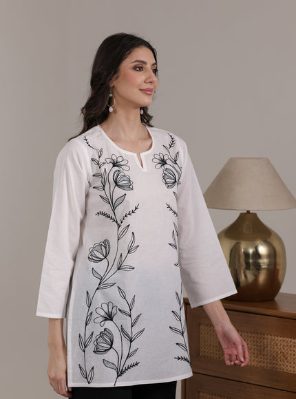 Qazmi Women's Aari Embroidered Pure Cotton Short Kurta