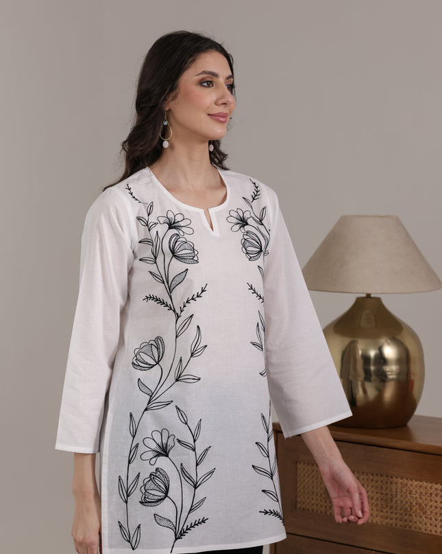 Qazmi Women's Aari Embroidered Pure Cotton Short Kurta