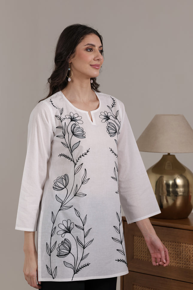 Qazmi Women's Aari Embroidered Pure Cotton Short Kurta