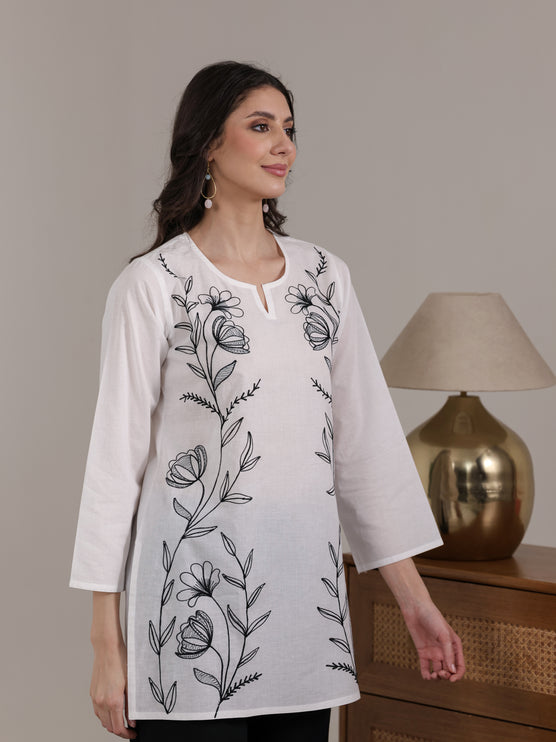 Qazmi Women's Aari Embroidered Pure Cotton Short Kurta