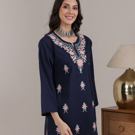 Qazmi Women's Aari Embroidered Pure Cotton Short Kurta