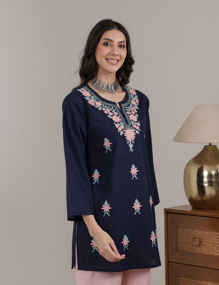 Qazmi Women's Aari Embroidered Pure Cotton Short Kurta