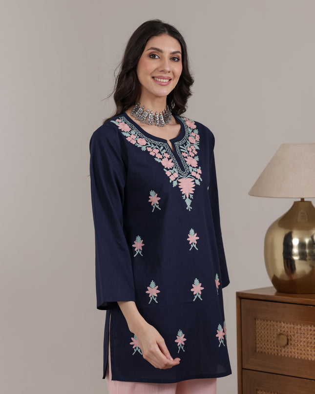Qazmi Women's Aari Embroidered Pure Cotton Short Kurta